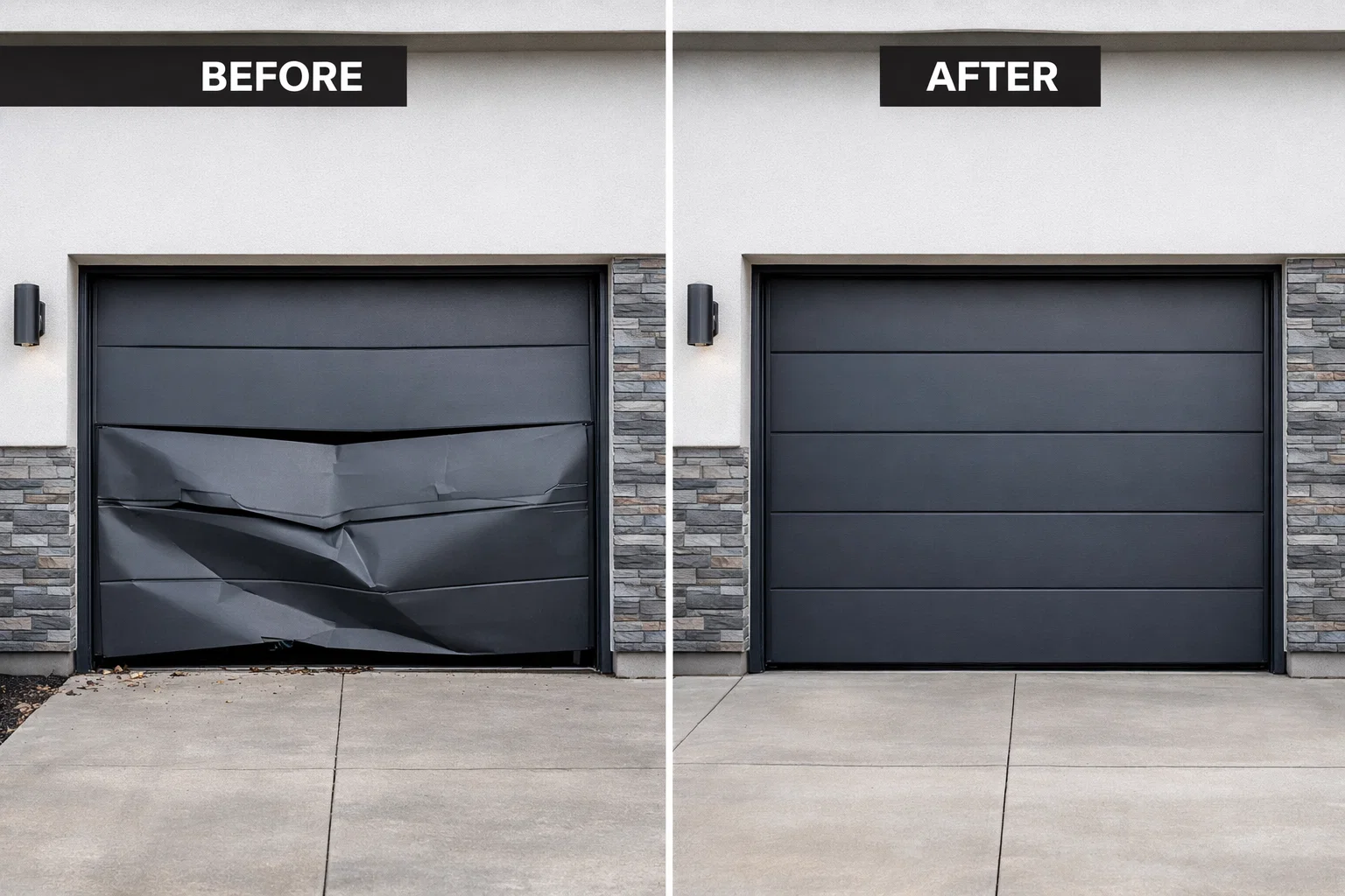 Before and after garage door repair showing broken panels and springs replaced with smooth fully repaired residential garage door