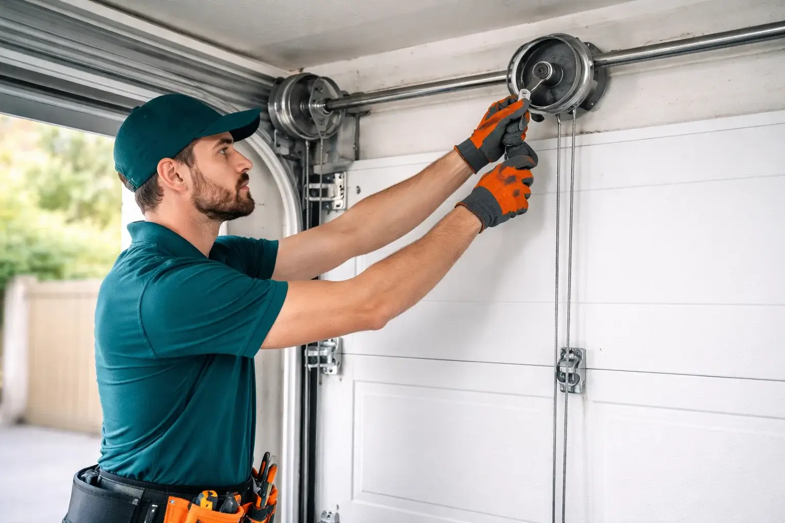 Garage door technician inspecting lift cable and cable drum system on residential garage door in Prosper TX