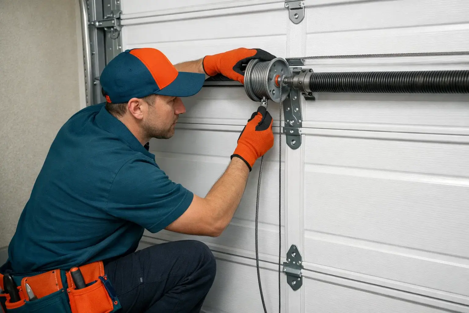 Garage door technician inspecting lift cable and adjusting cable drum tension during garage door cable maintenance in Prosper TX