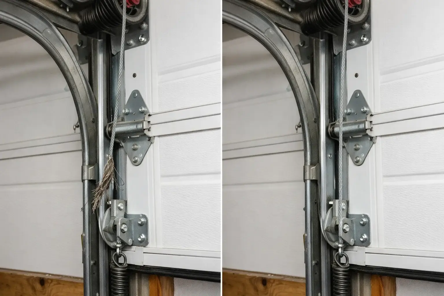 Garage door cable repair before and after showing frayed lift cable replaced with new steel cable on residential garage door