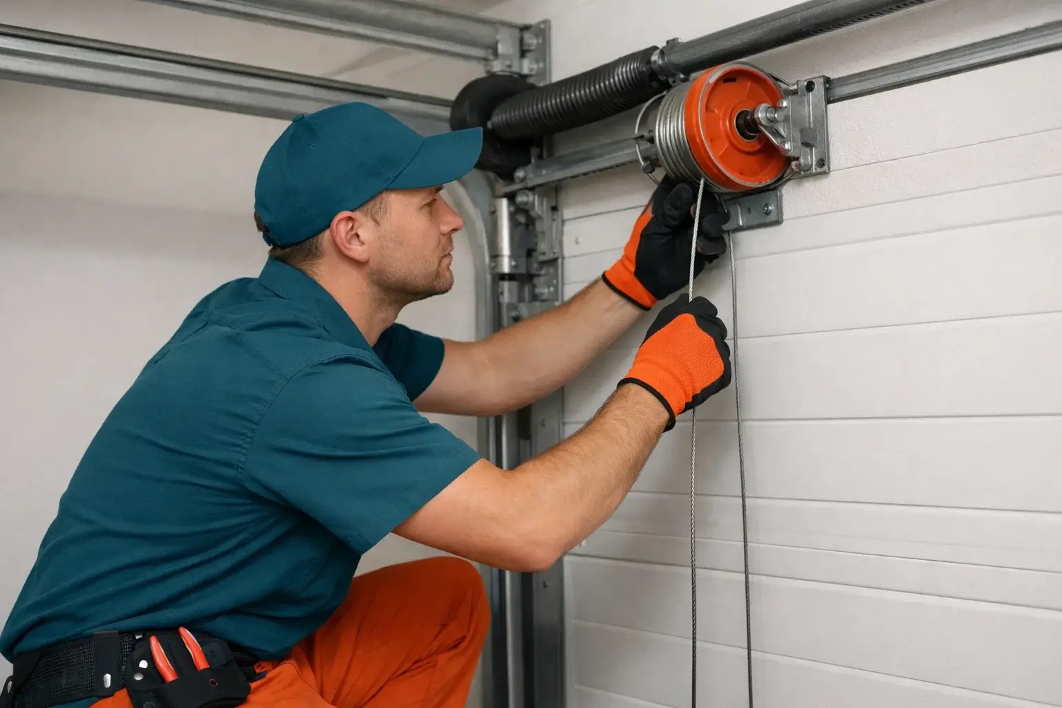 Garage door technician inspecting lift cable system and cable drum on residential garage door in Prosper TX