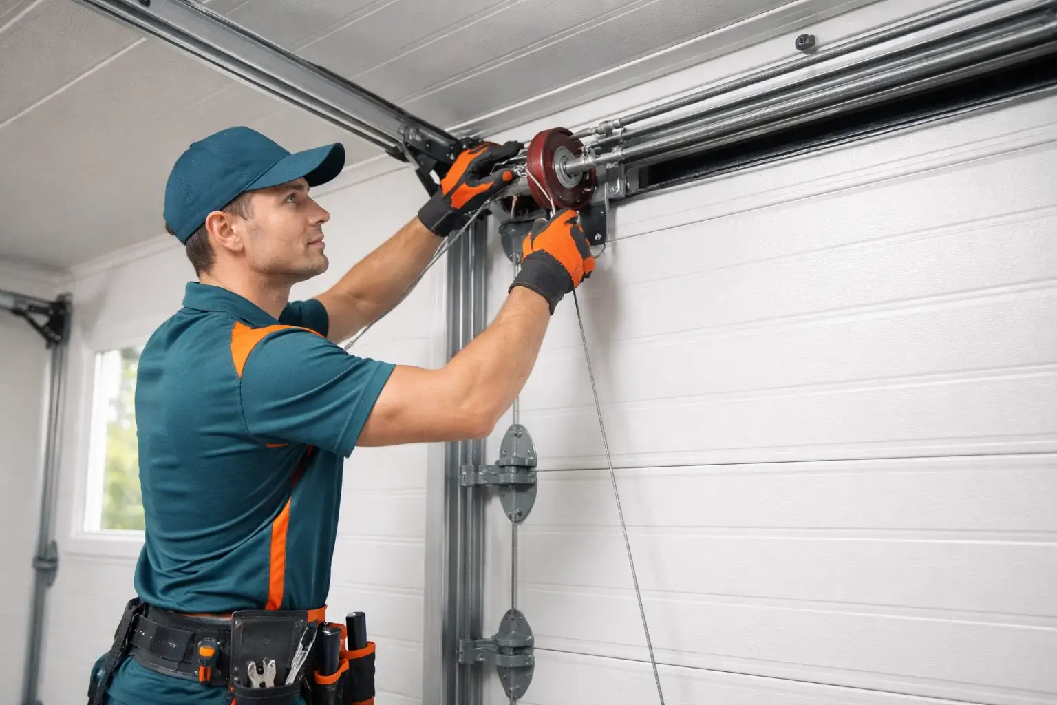 Garage door technician installing reinforced galvanized lift cable and adjusting cable drum system on residential garage door in Prosper TX