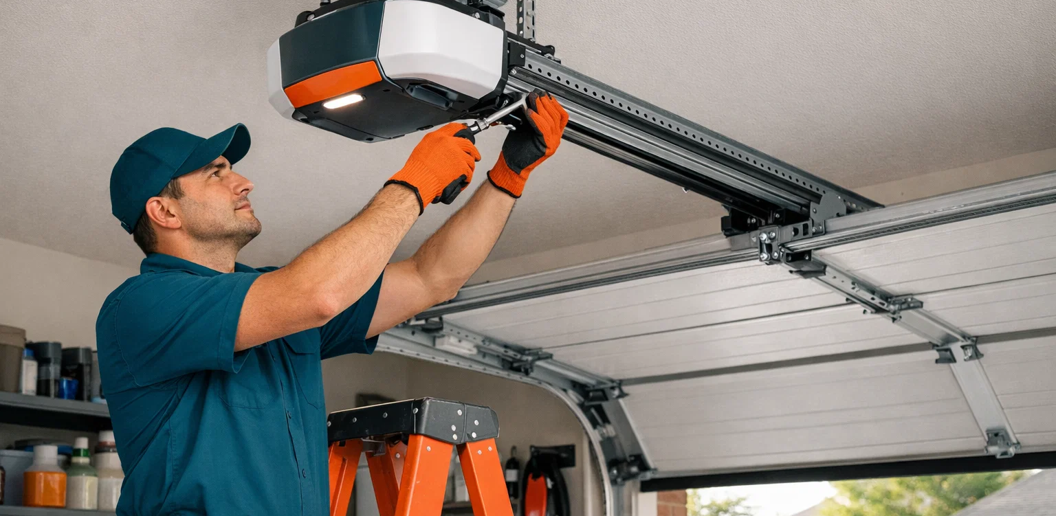 Garage Door Prosper TX technician installing modern automatic garage door opener system in Prosper TX home