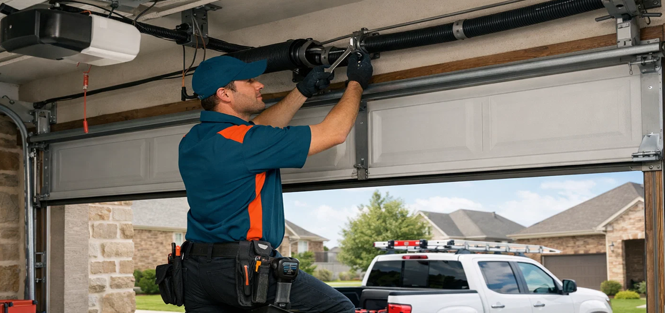 Garage Door Prosper TX technician repairing broken spring and installing garage door opener at residential home in Prosper TX