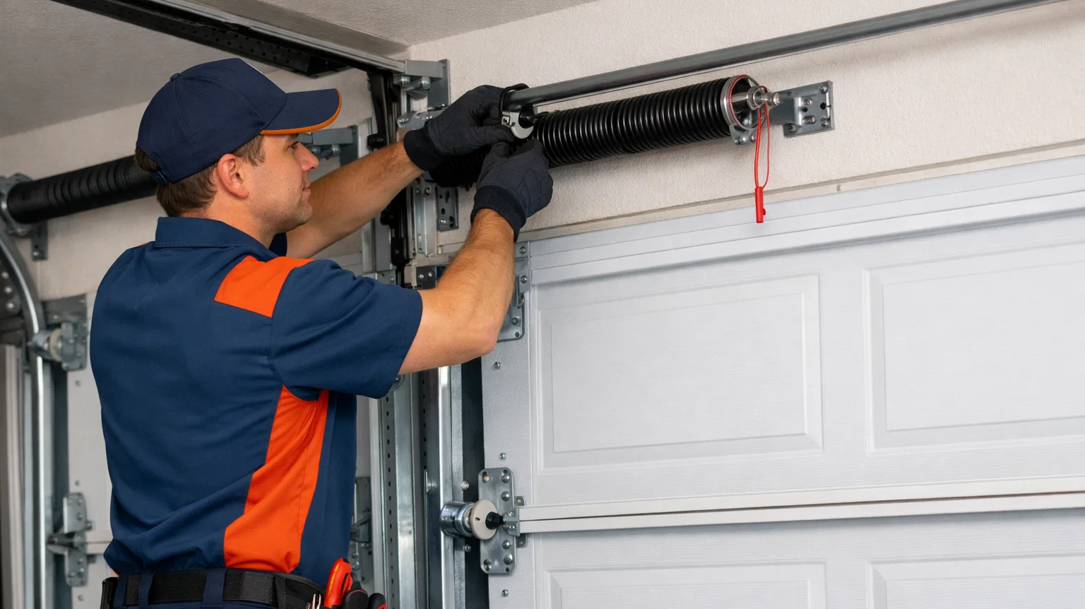 Garage Door Prosper TX technician repairing residential garage door springs and rollers in Prosper TX
