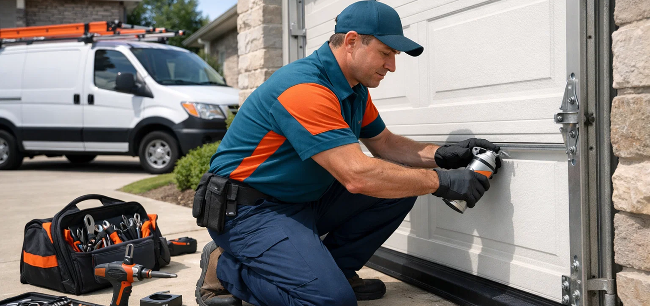 Garage Door Prosper TX technician performing full garage door maintenance including lubrication, track adjustment and weather stripping replacement