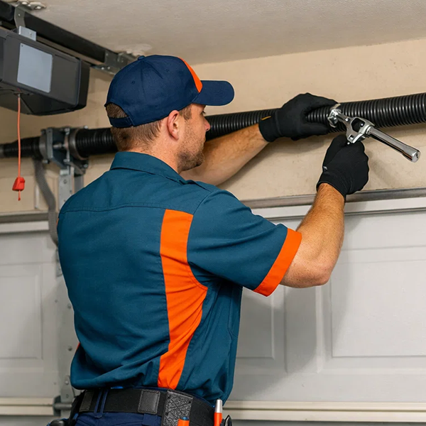 Garage Door Prosper TX technician performing professional garage door repair and spring adjustment at residential home
