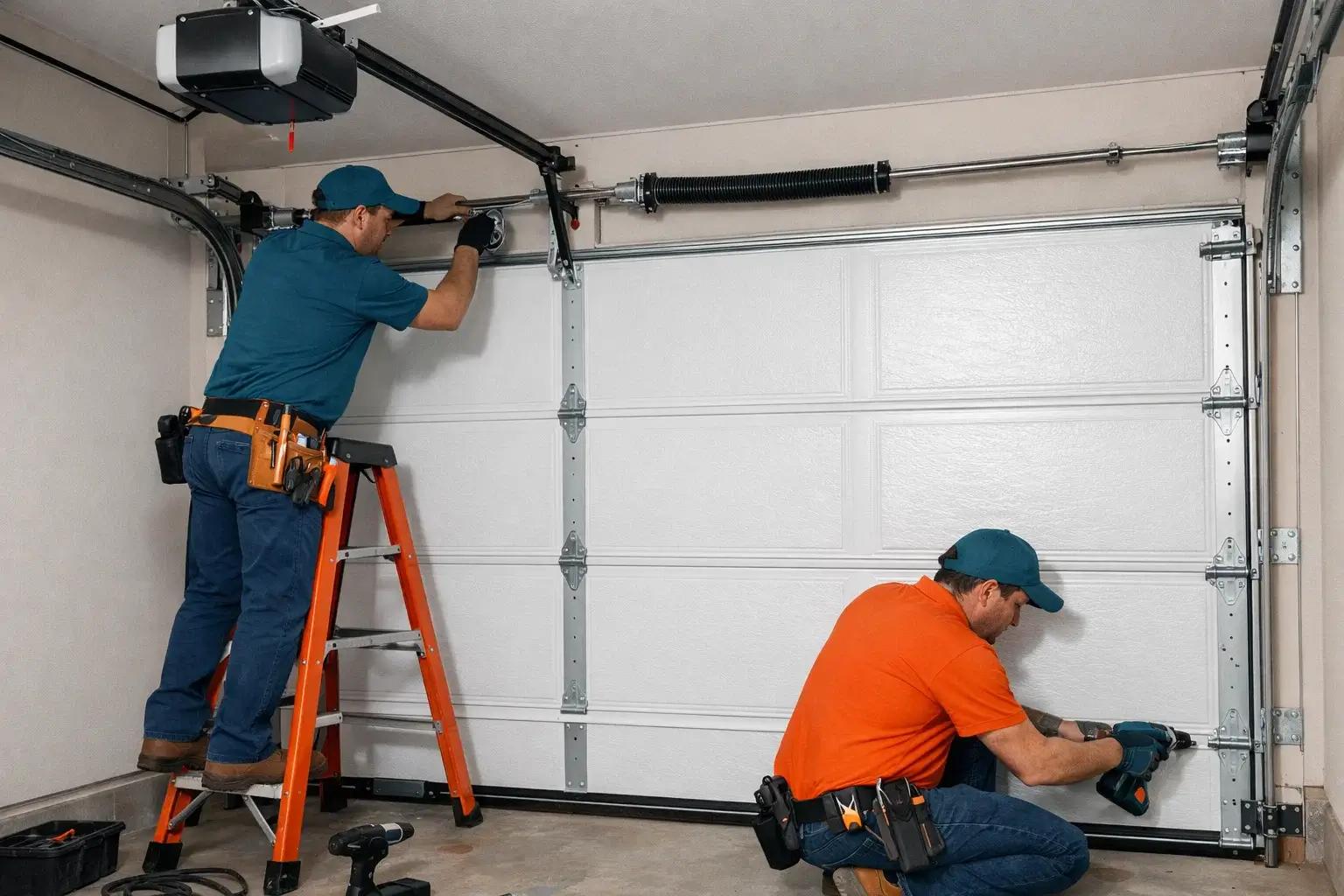 Technicians installing durable insulated roll up garage door with smart opener tracks springs and sensors at residential home in Prosper TX