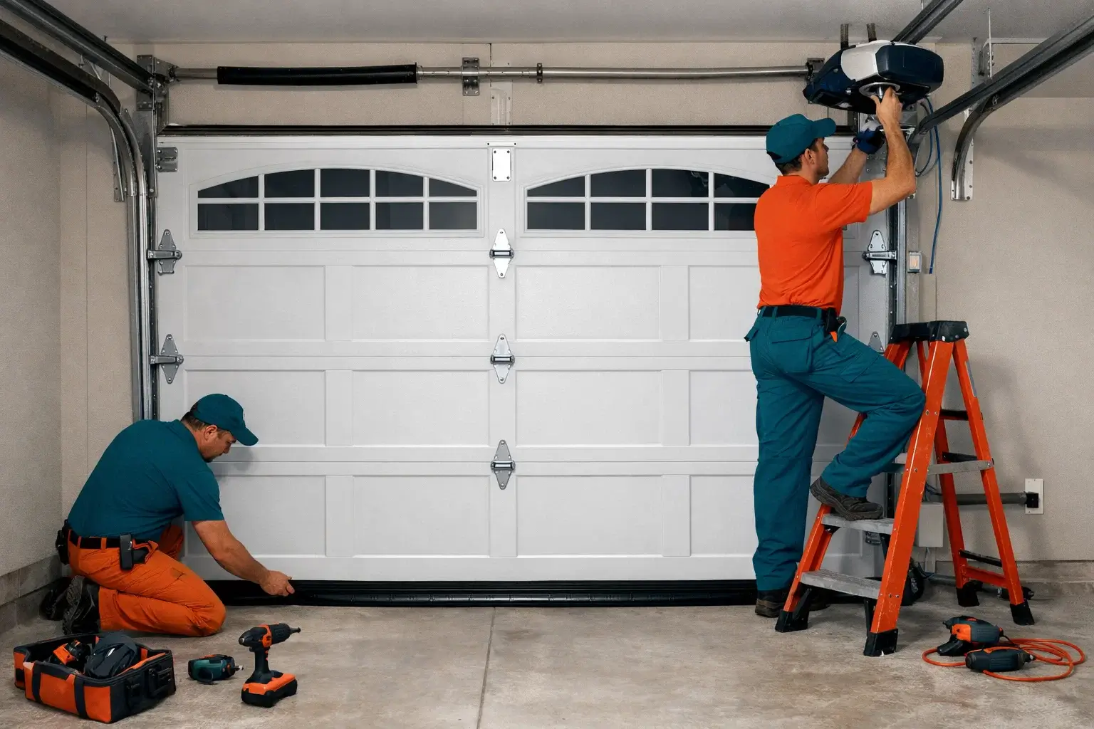 Technicians installing modern carriage style garage door with smart opener sensors tracks and weather seal at residential home in Prosper TX