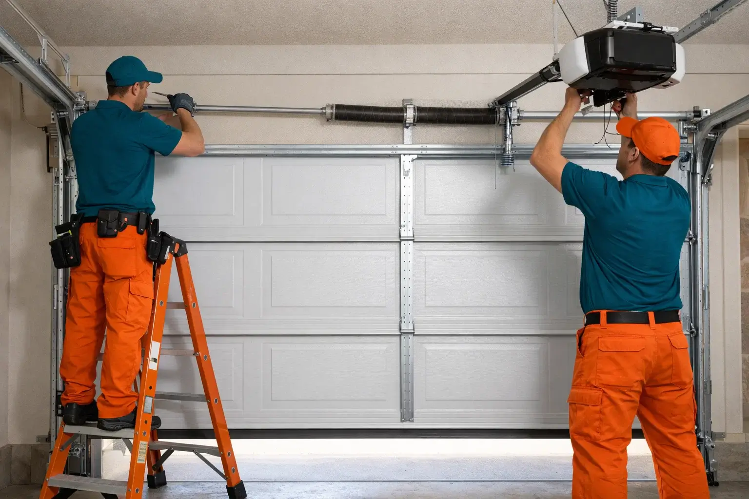 Technicians installing modern insulated garage door with track system springs and smart opener at residential home in Prosper TX