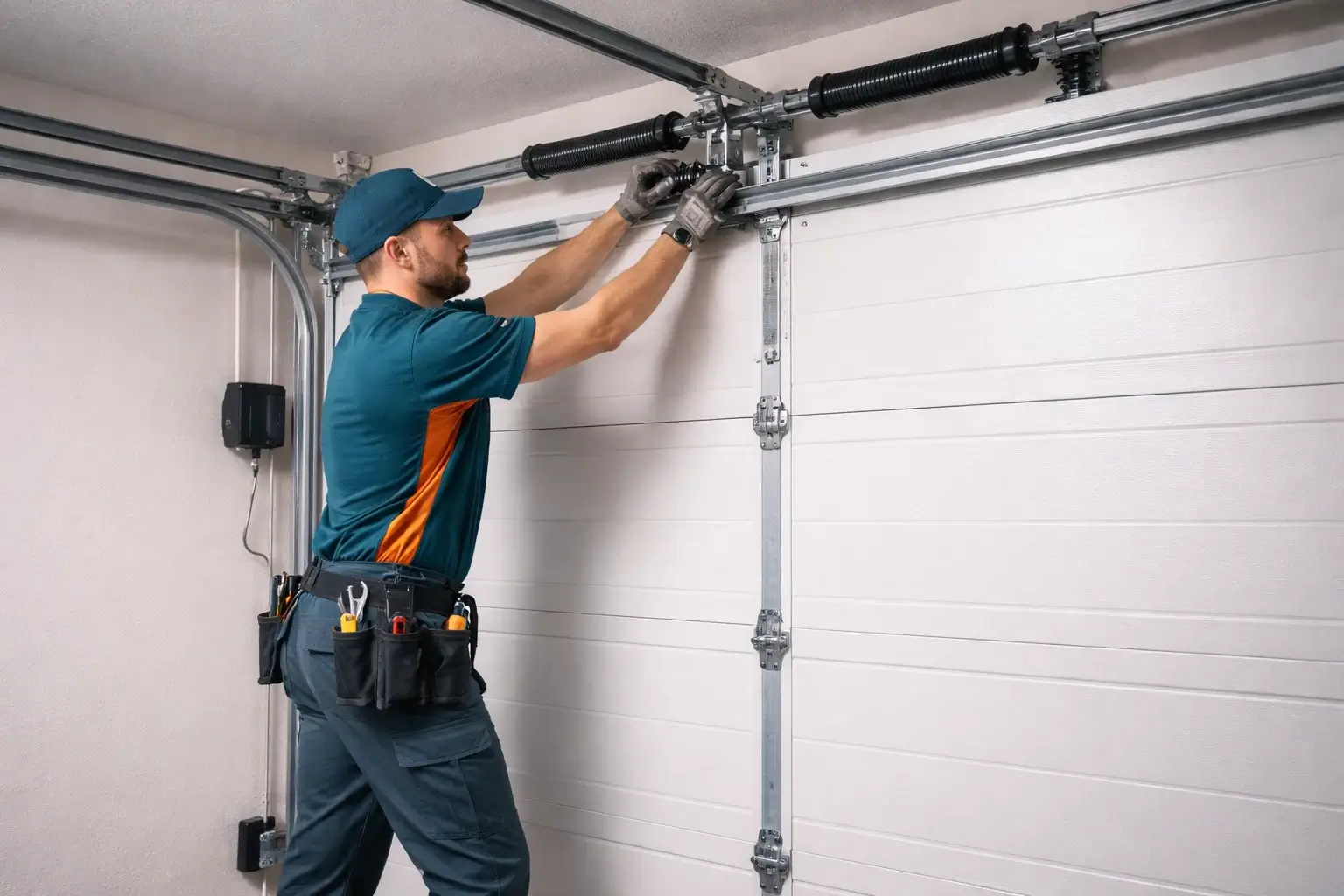 Technician installing smart sectional garage door with track alignment springs cables and safety sensors in residential garage in Prosper TX