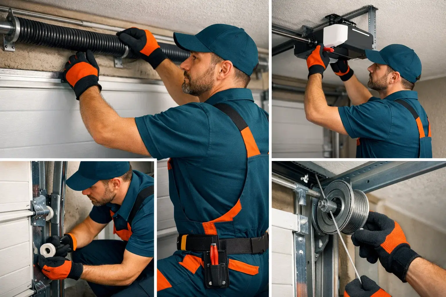 Garage door technician performing full tune up inspecting springs rollers cables and opener system during maintenance service