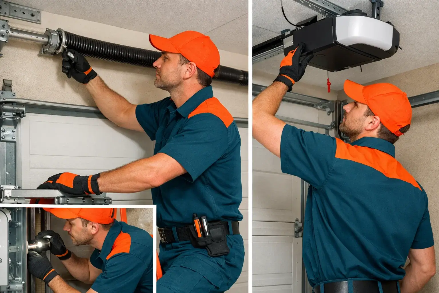 Garage door tune up maintenance technician inspecting springs rollers tracks and opener system during preventive service in residential garage