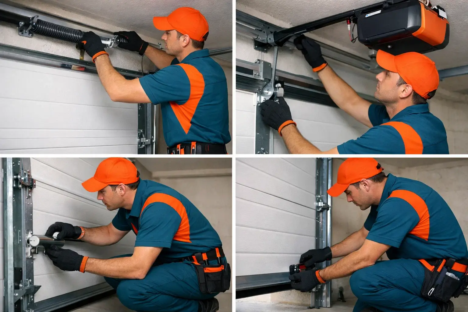Garage door preventive maintenance technician adjusting spring tension inspecting rollers tracks sensors and opener system in residential garage