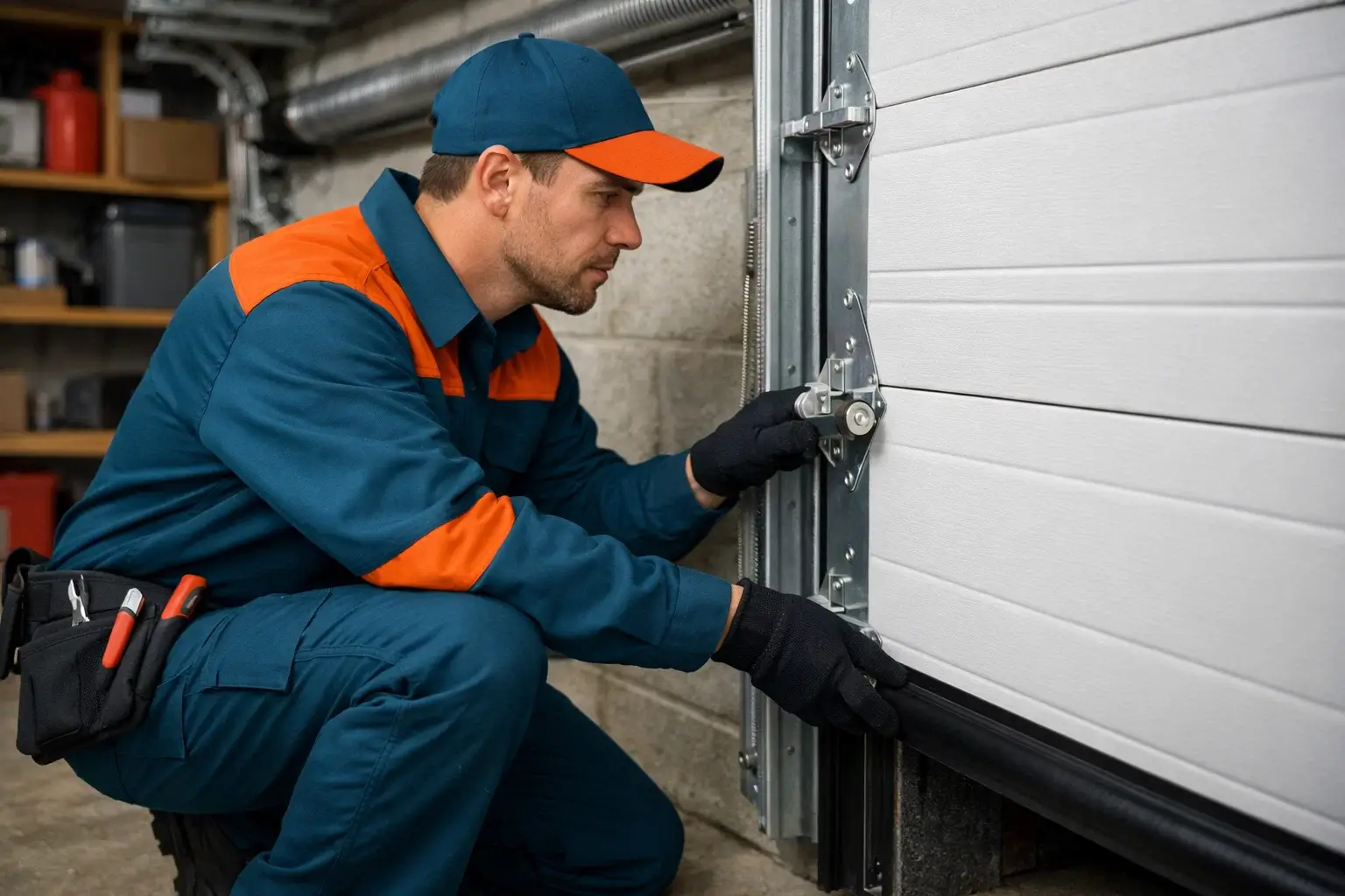 Garage door seasonal maintenance technician inspecting rollers cables hinges and weather seal during preventive service in residential garage