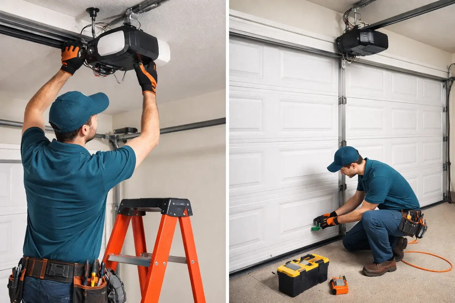 Garage door technician performing emergency repair on automatic garage door opener motor and safety sensors in residential garage in Prosper TX