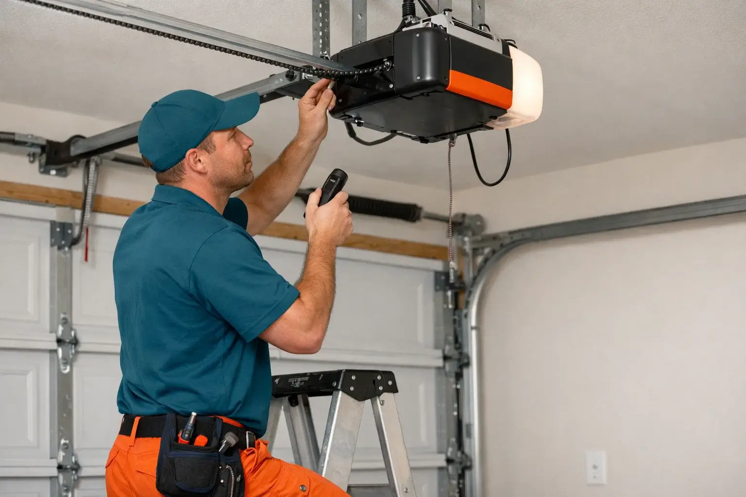 Garage door technician performing maintenance on automatic garage door opener inspecting chain drive sensors and motor system in residential garage in Prosper TX