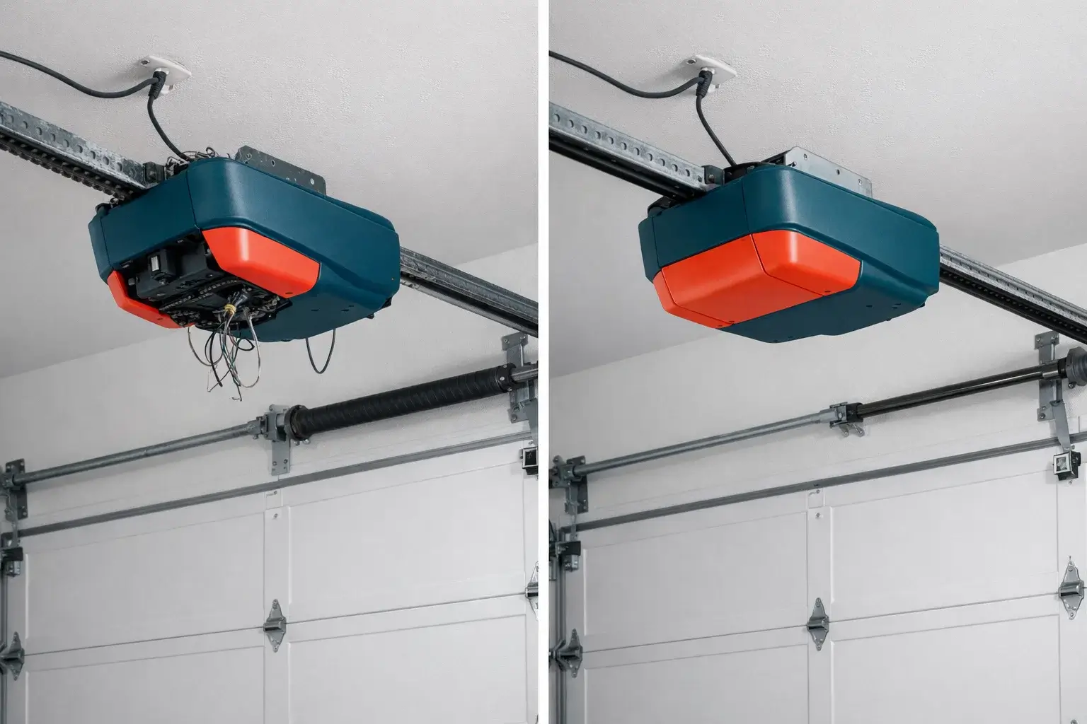 Before and after garage door opener repair showing broken panels and springs replaced with smooth fully repaired residential garage door opener
