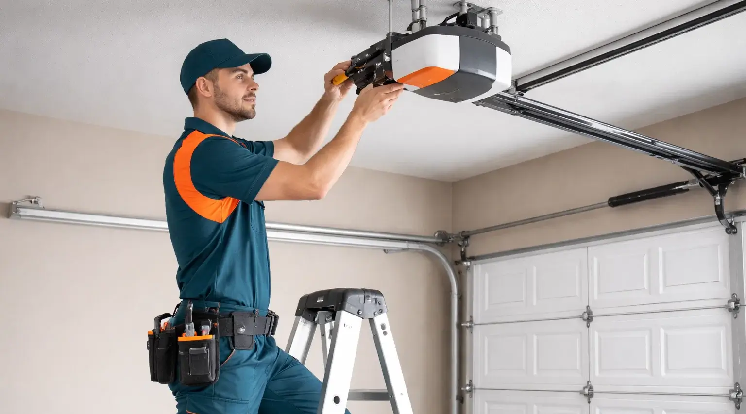 Garage door technician installing premium automatic garage door opener system with motor rail and safety sensors in residential garage in Prosper TX