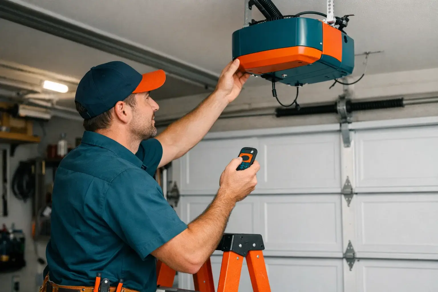 Technician installing smart garage door opener and testing remote control system in residential garage in Prosper TX