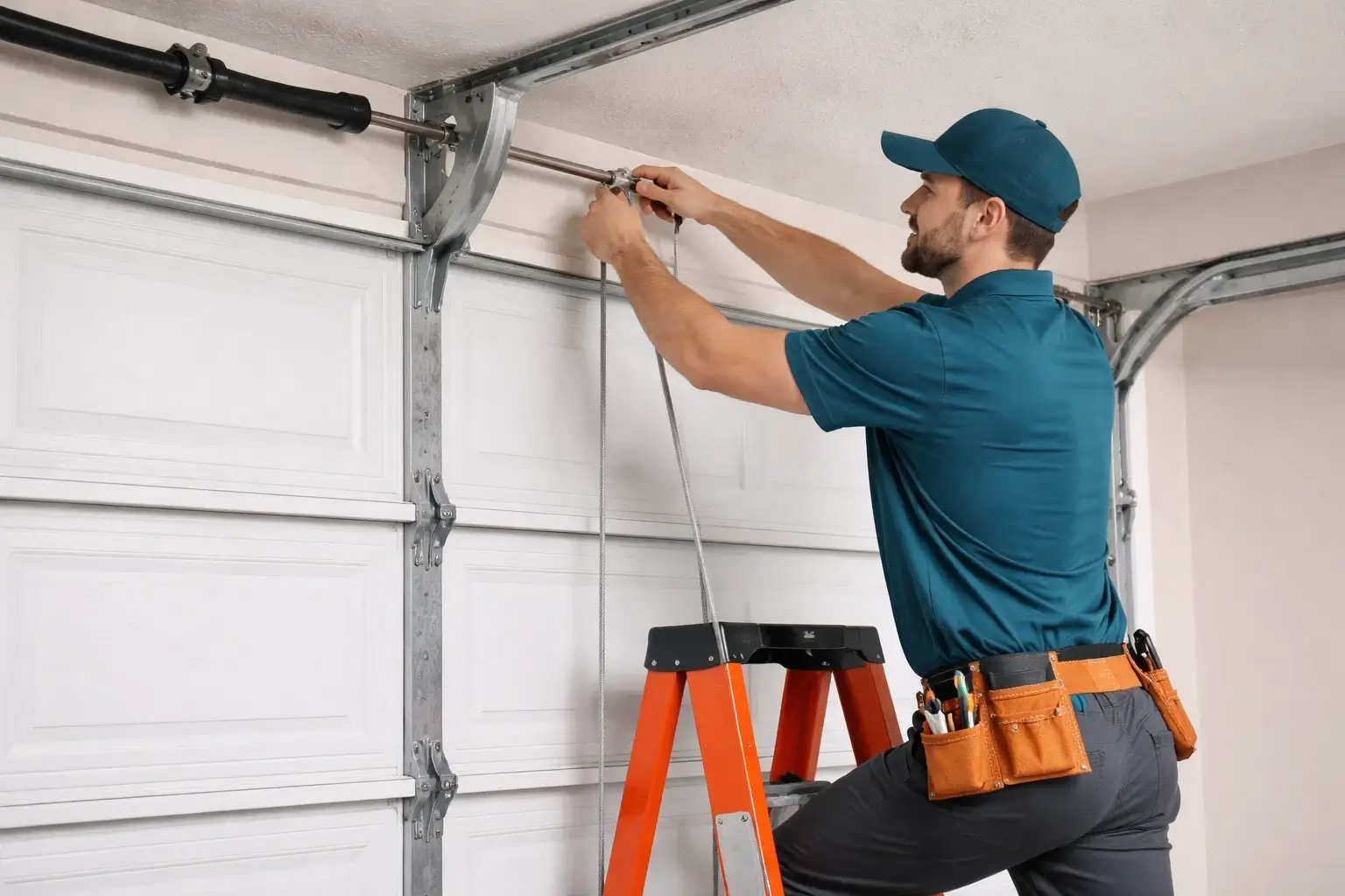 Garage door technician repairing lift cable and aligning track system on residential garage door in Prosper TX