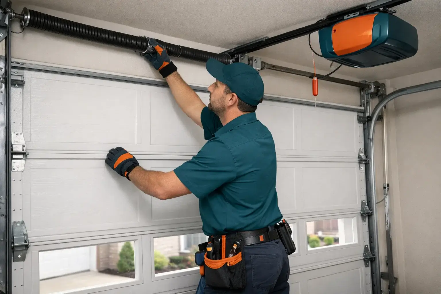 Garage door technician performing preventive repair inspection checking springs rollers cables and opener system in residential garage in Prosper TX