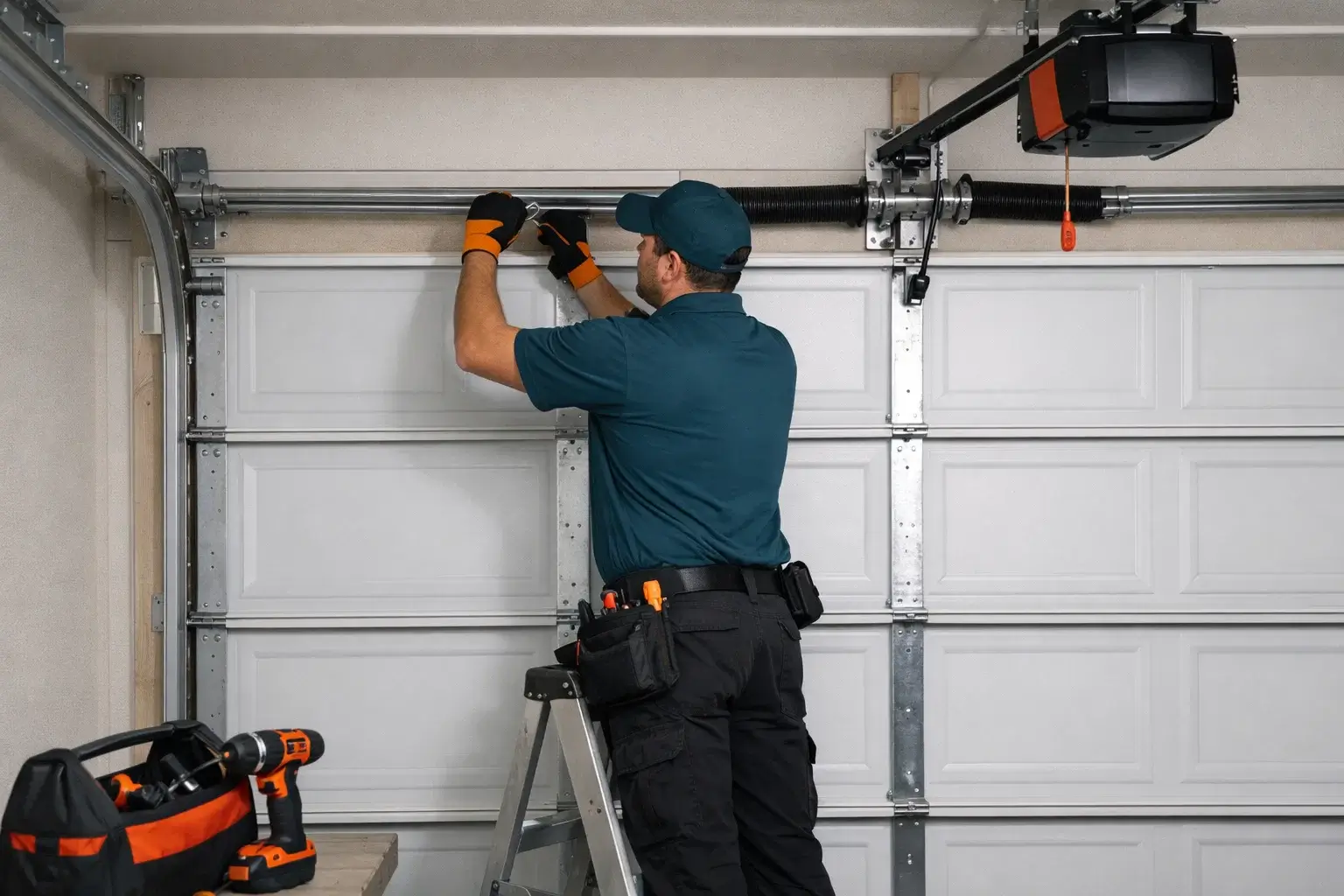Garage door repair technician performing full restoration and inspection of springs rollers tracks and opener system in residential garage in Prosper TX