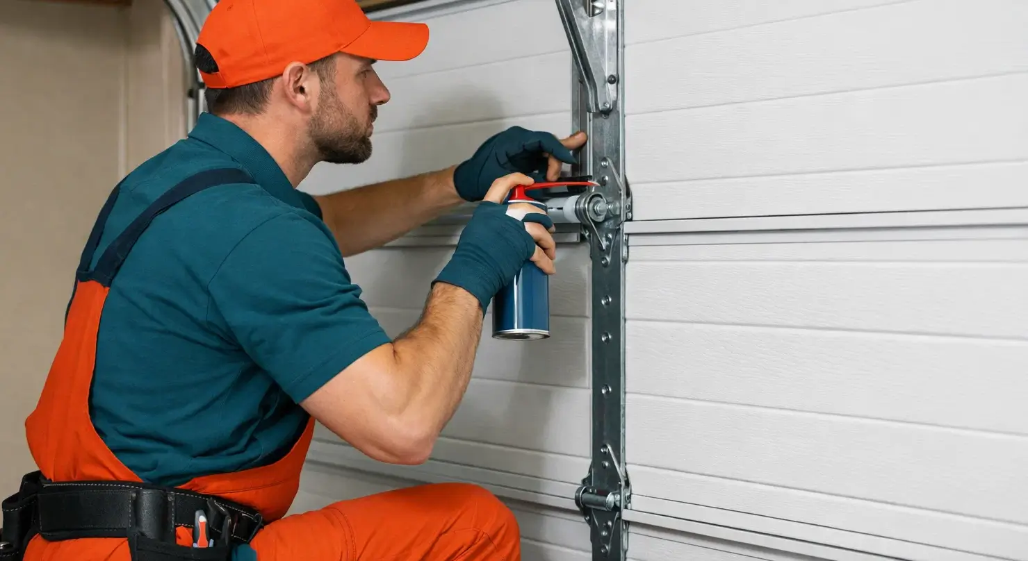Garage door technician repairing noisy garage door by lubricating rollers and aligning track system in residential garage in Prosper TX