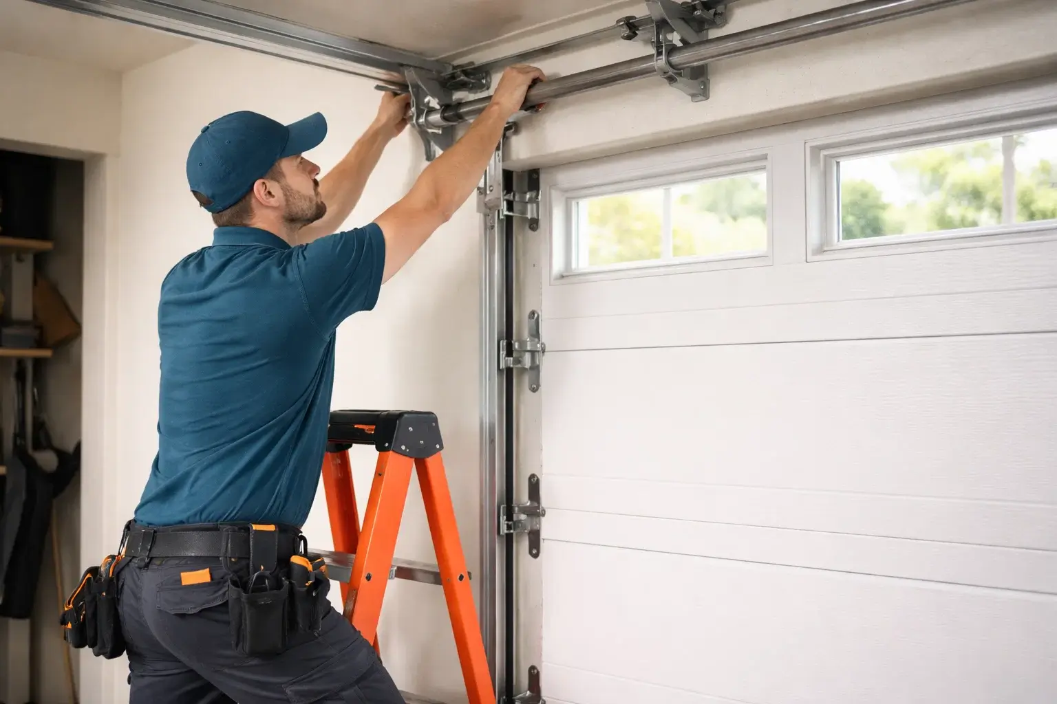 Garage door technician performing emergency residential garage door repair fixing rollers and track alignment in Prosper TX home