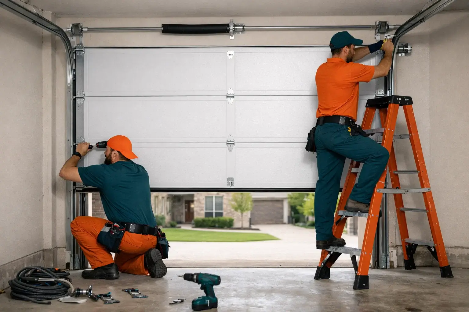 Technicians installing residential garage door with track alignment rollers and insulated panels at suburban home in Prosper TX