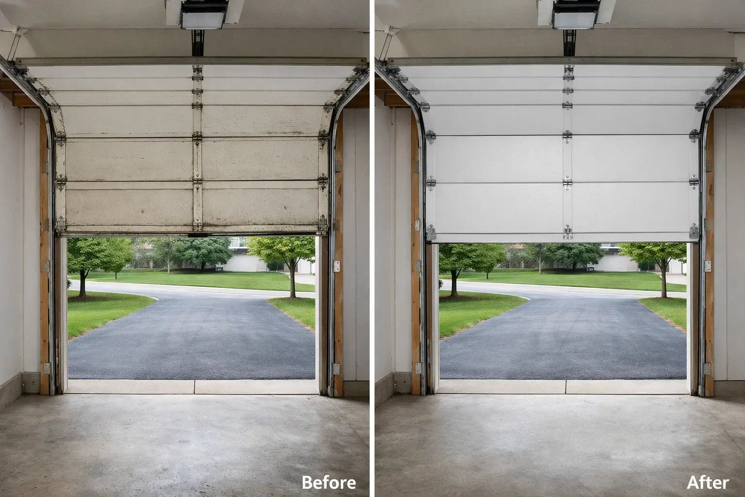 Residential garage door before and after showing old worn garage door replaced with new modern insulated garage door at suburban home