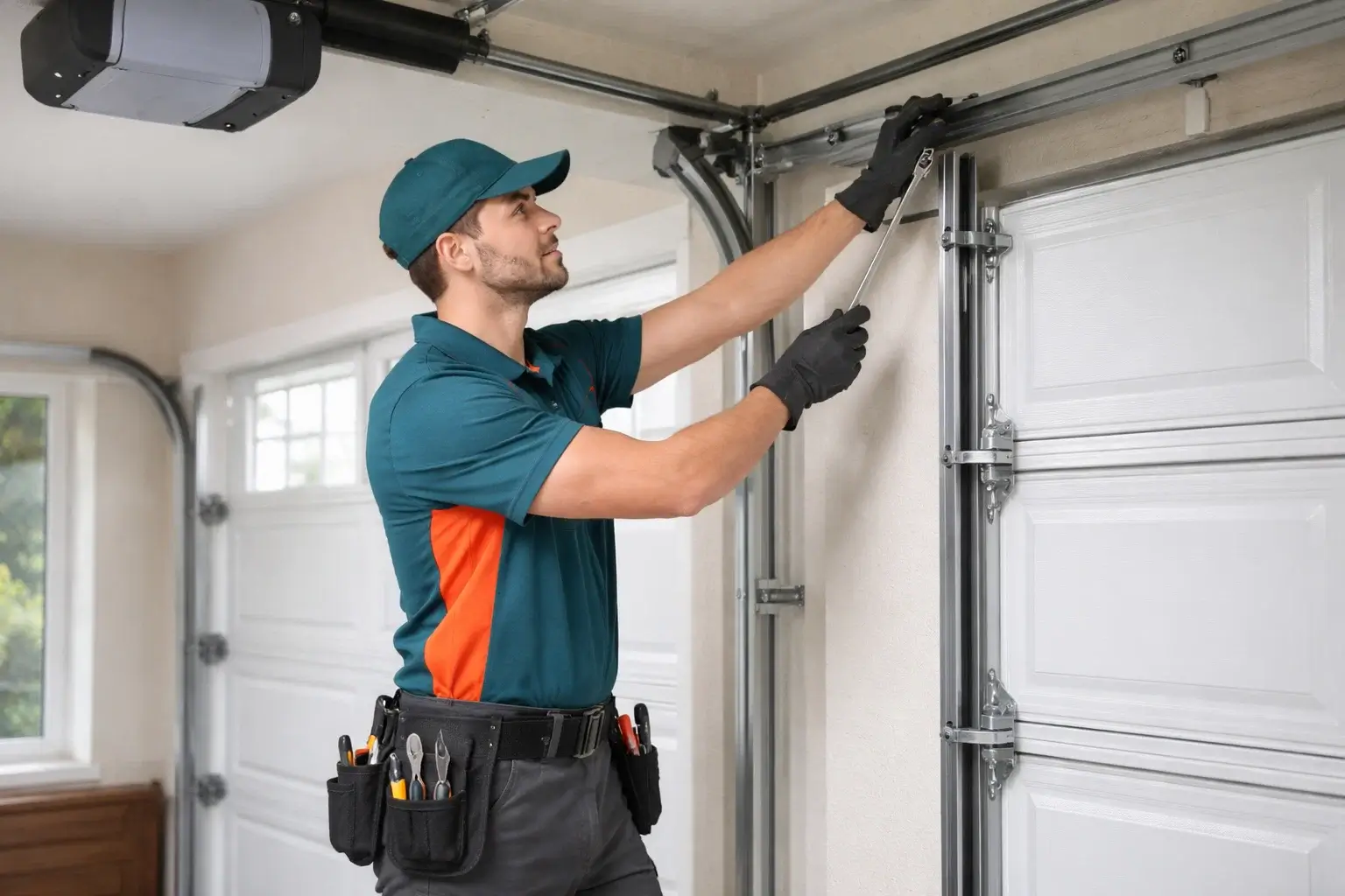 Garage door technician performing full residential garage door maintenance inspecting rollers tracks hinges and opener system in Prosper TX home