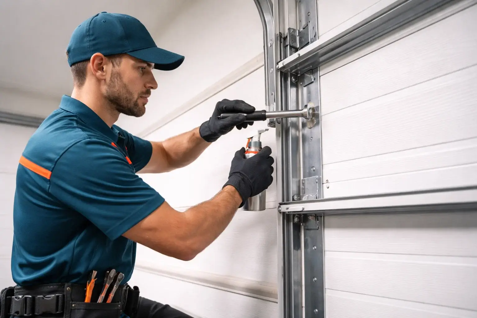 Garage door technician replacing and lubricating residential garage door rollers for smooth quiet operation in Prosper TX home