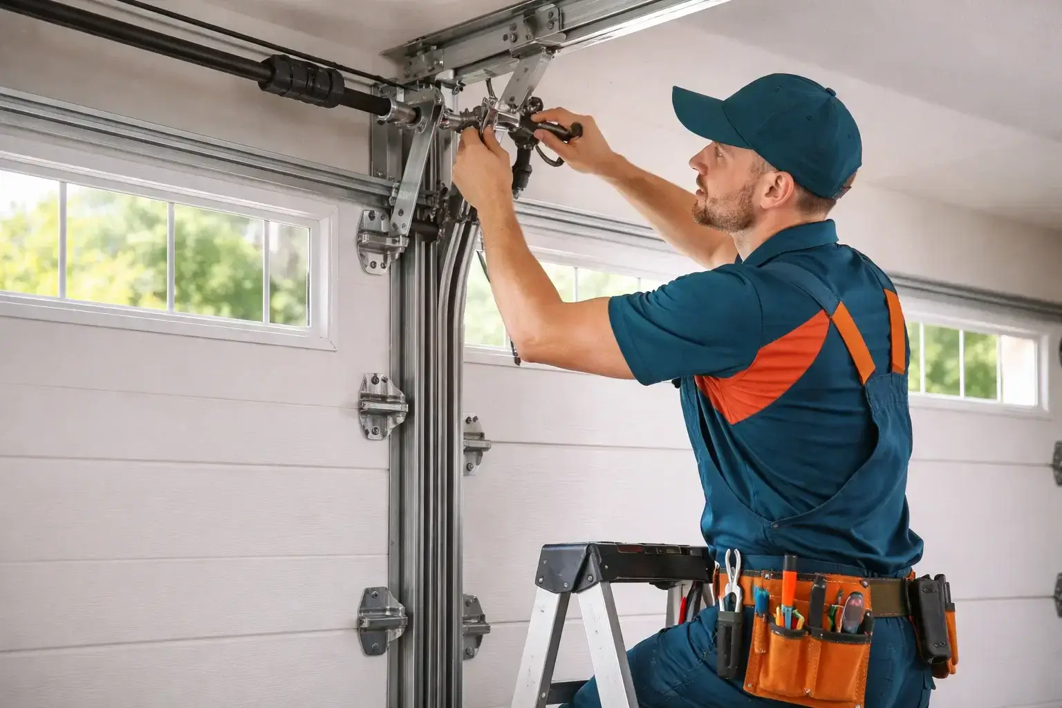 Garage door technician installing new nylon garage door rollers and aligning track system in residential garage in Prosper TX