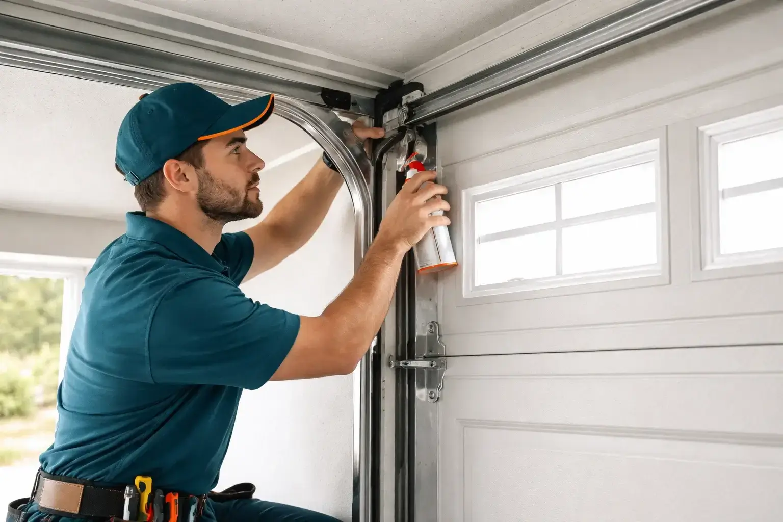 Garage door technician lubricating roller bearings and inspecting track alignment during garage door roller maintenance in Prosper TX
