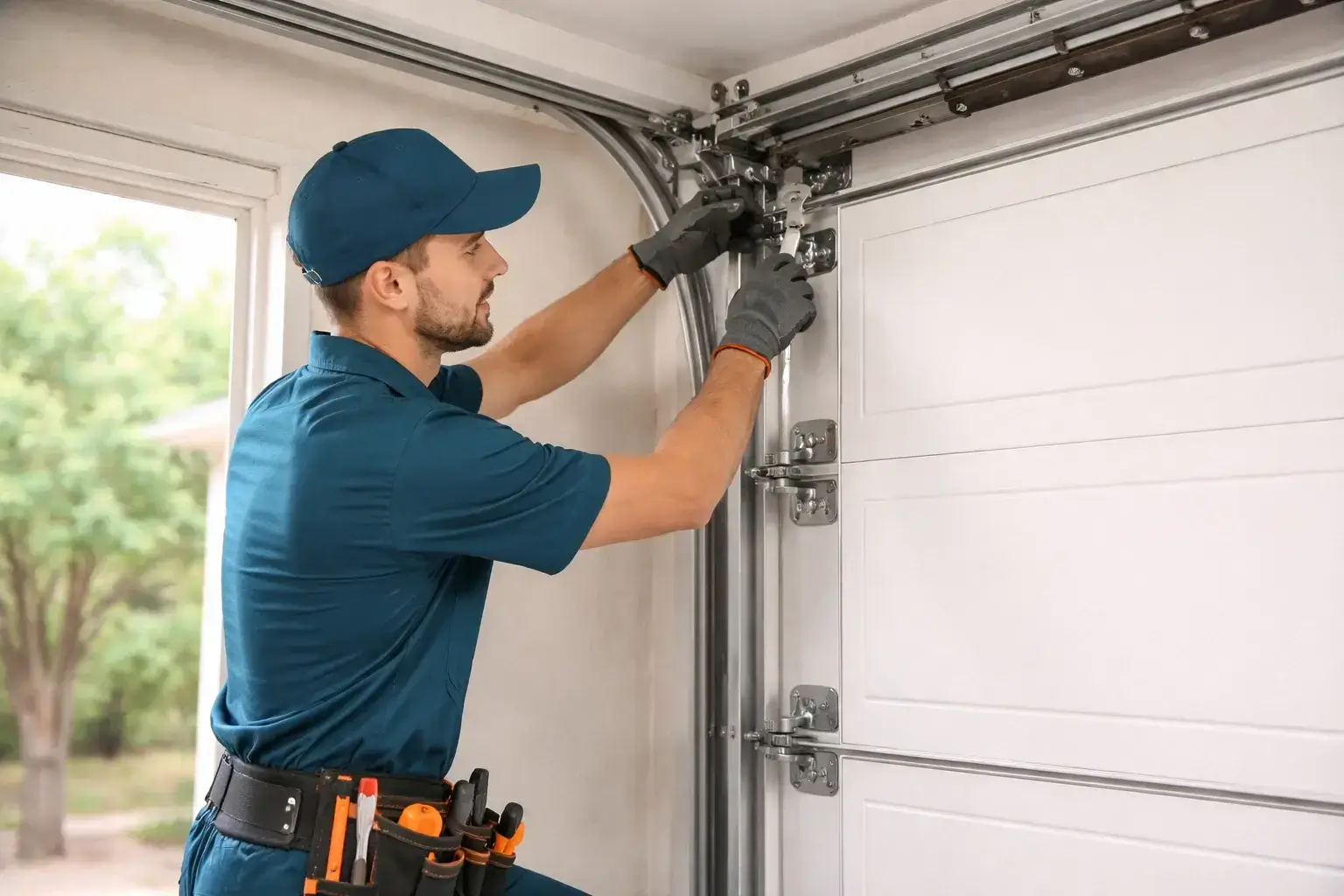 Garage door technician repairing worn garage door roller and aligning track system in residential garage in Prosper TX