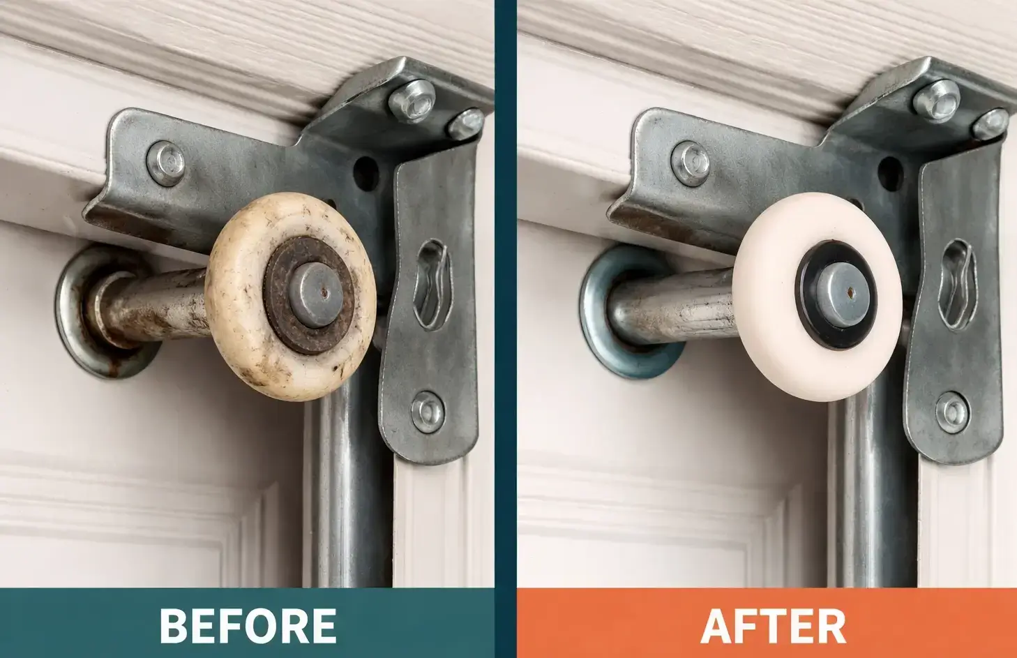 Garage door roller replacement before and after showing worn roller replaced with new nylon roller on residential garage door