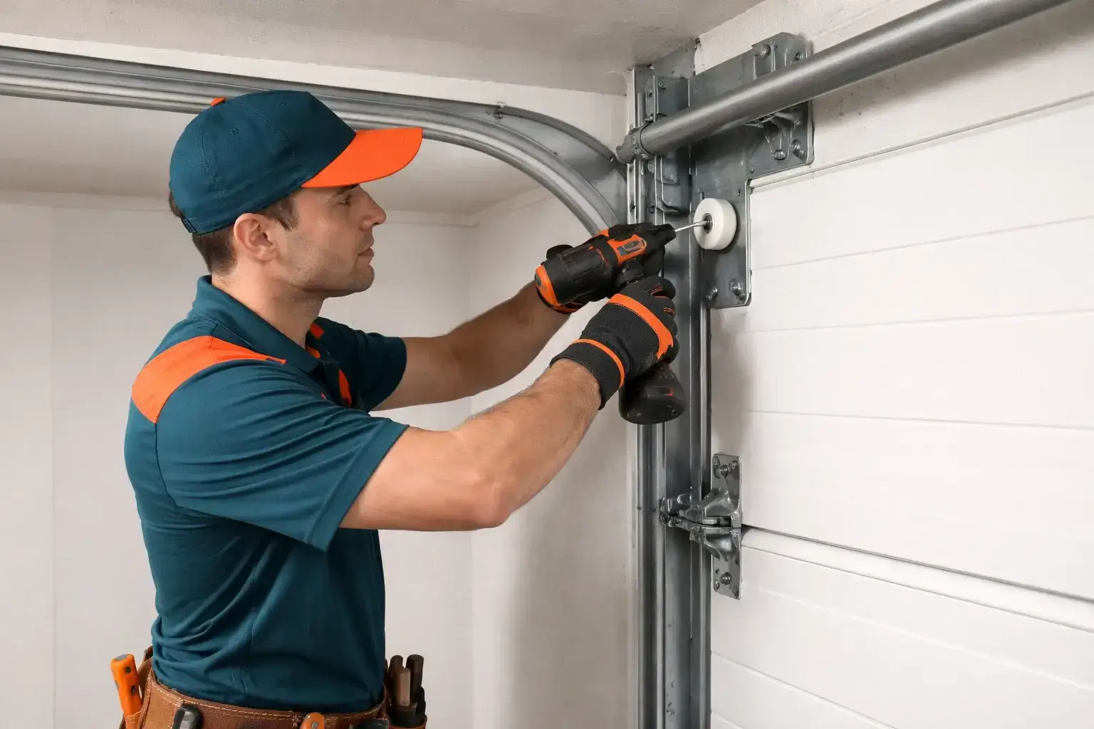 Garage door technician replacing worn garage door roller with new nylon roller inside metal track in residential garage in Prosper TX