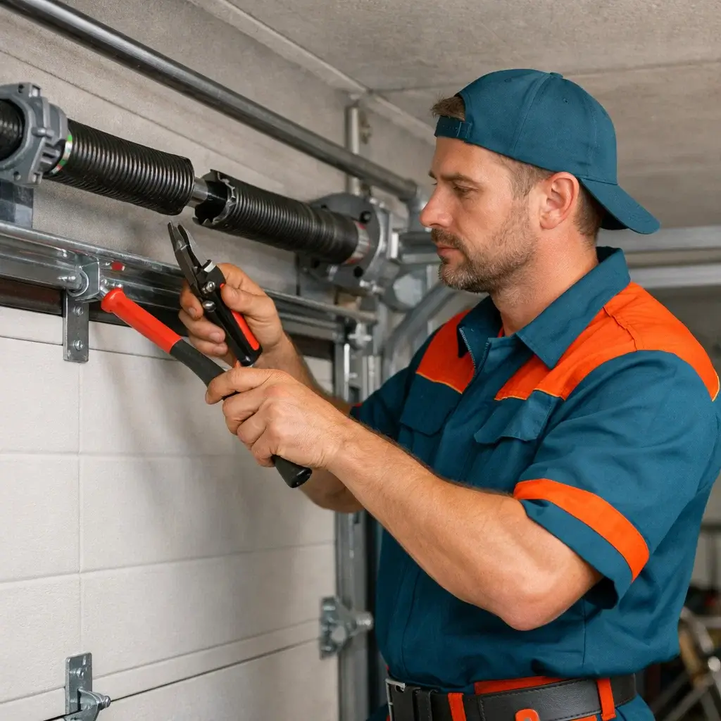 Garage Door Prosper TX technician repairing broken torsion spring in Prosper TX