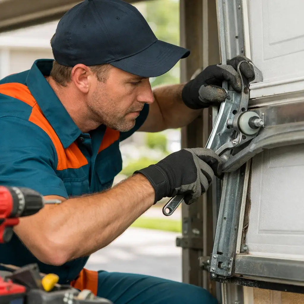 Garage Door Prosper TX technician repairing and realigning garage door tracks