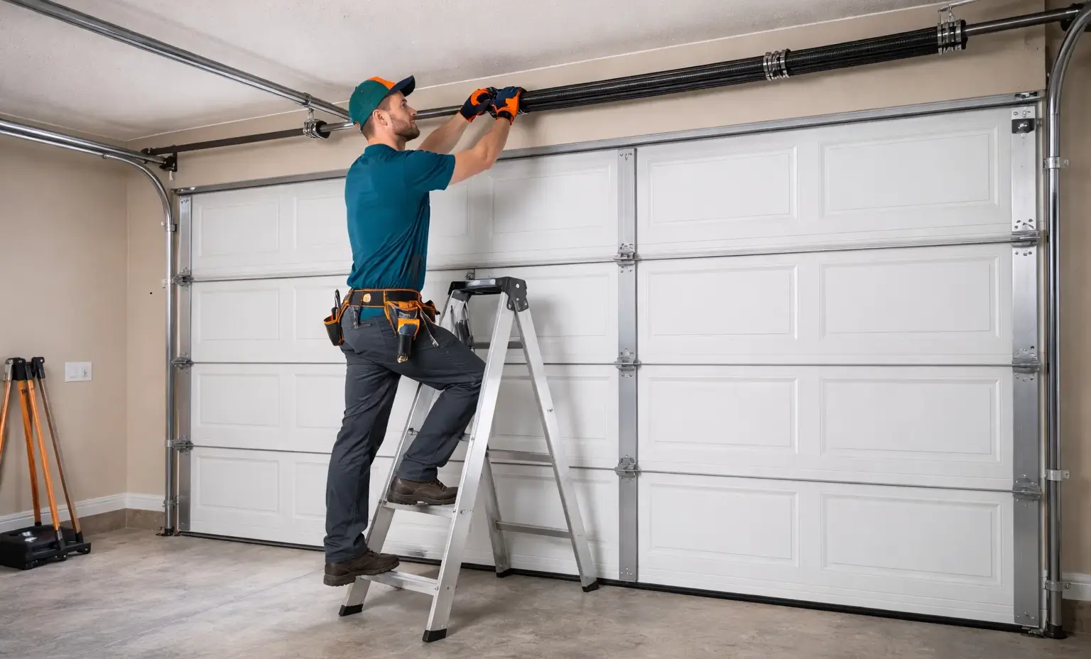 Garage door technician performing emergency torsion spring replacement and restoring garage door balance in residential garage in Prosper TX