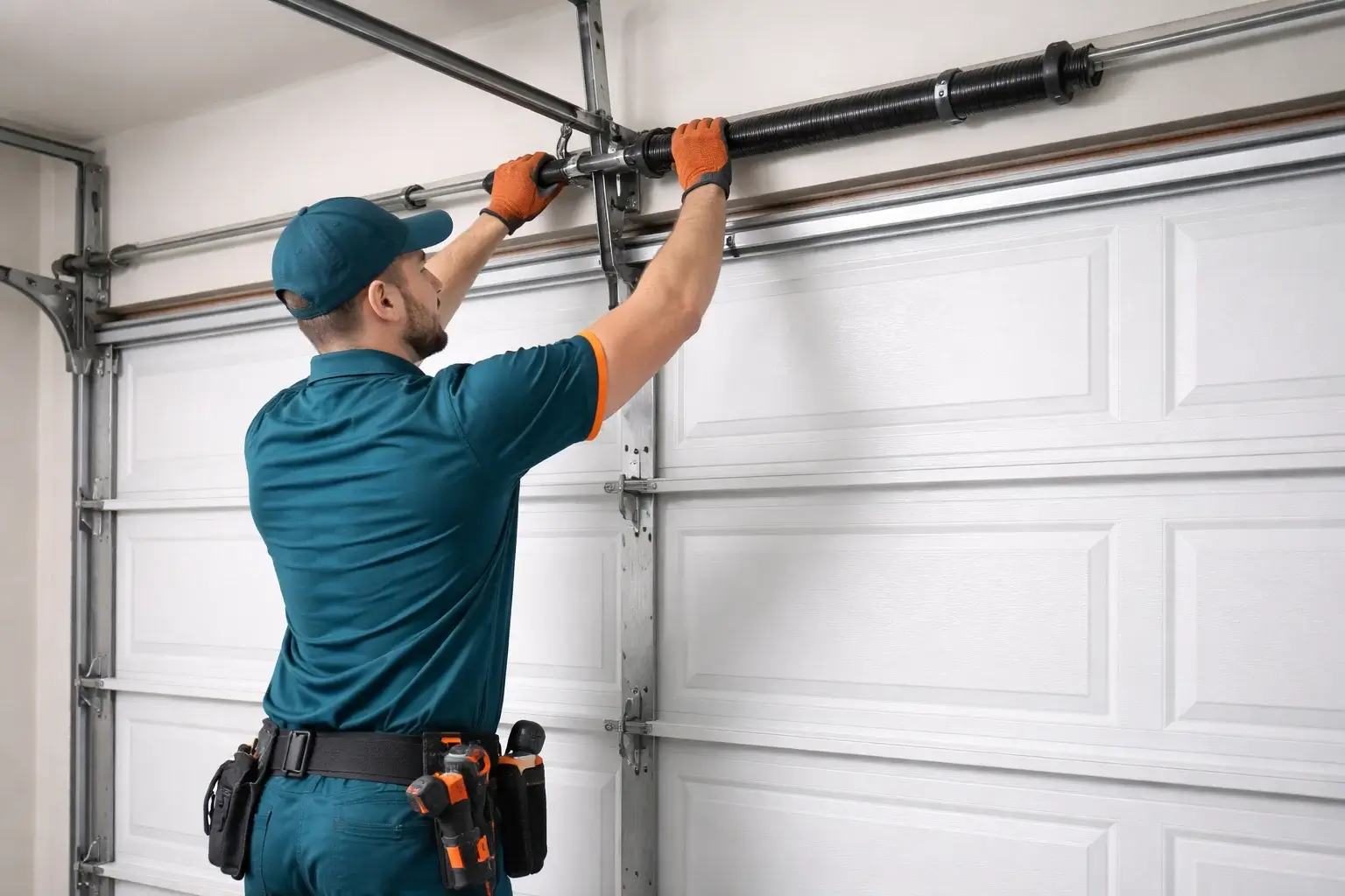 Garage door technician adjusting torsion spring tension and inspecting lift system on residential garage door in Prosper TX