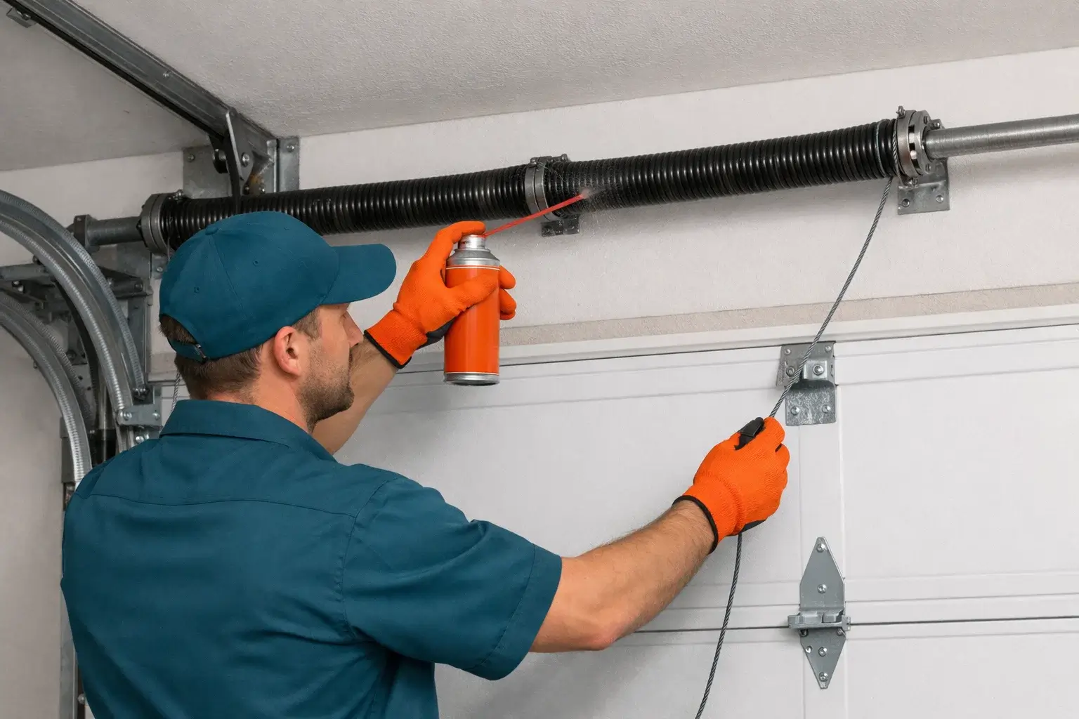Garage door technician lubricating torsion spring coils and inspecting cables during garage door spring maintenance service in Prosper TX