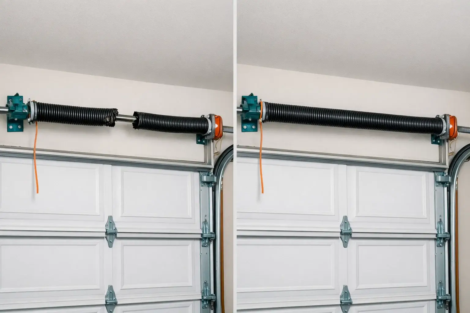 Garage door spring repair before and after showing broken torsion spring replaced with new heavy duty spring on residential garage door