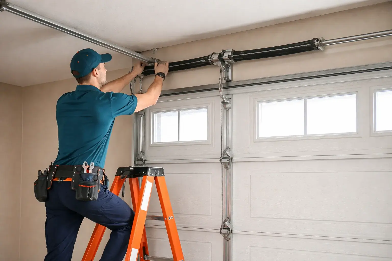 Garage door technician installing heavy duty torsion spring system and aligning lift cables on residential garage door in Prosper TX