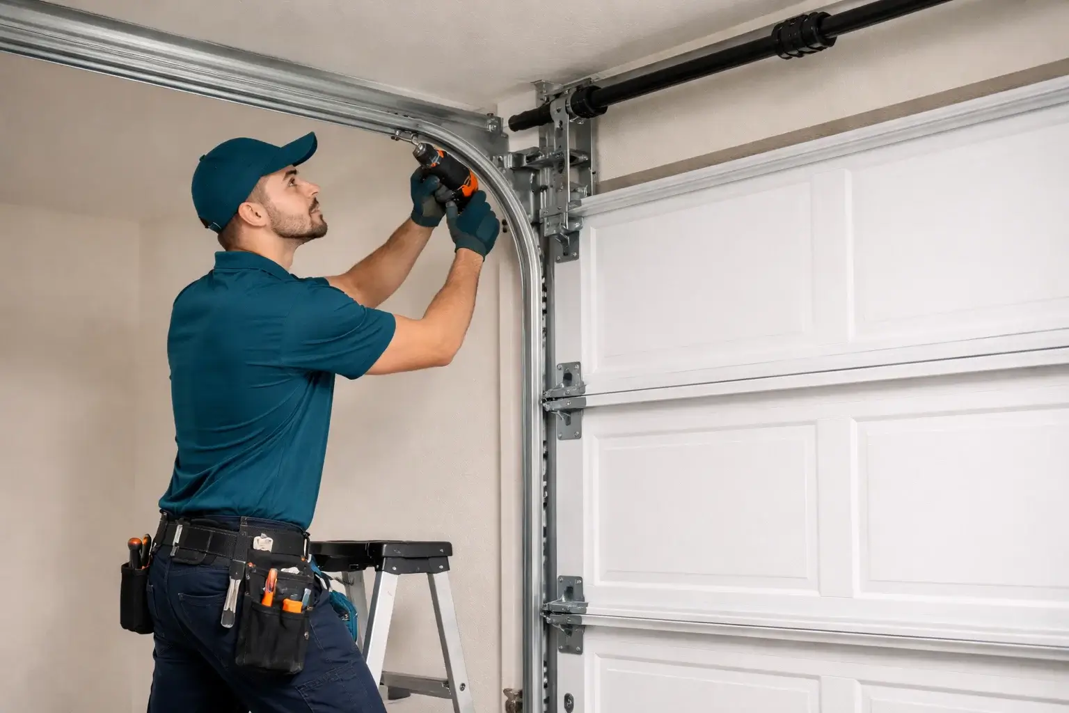 Garage door technician repairing bent garage door track and aligning rollers in residential garage in Prosper TX