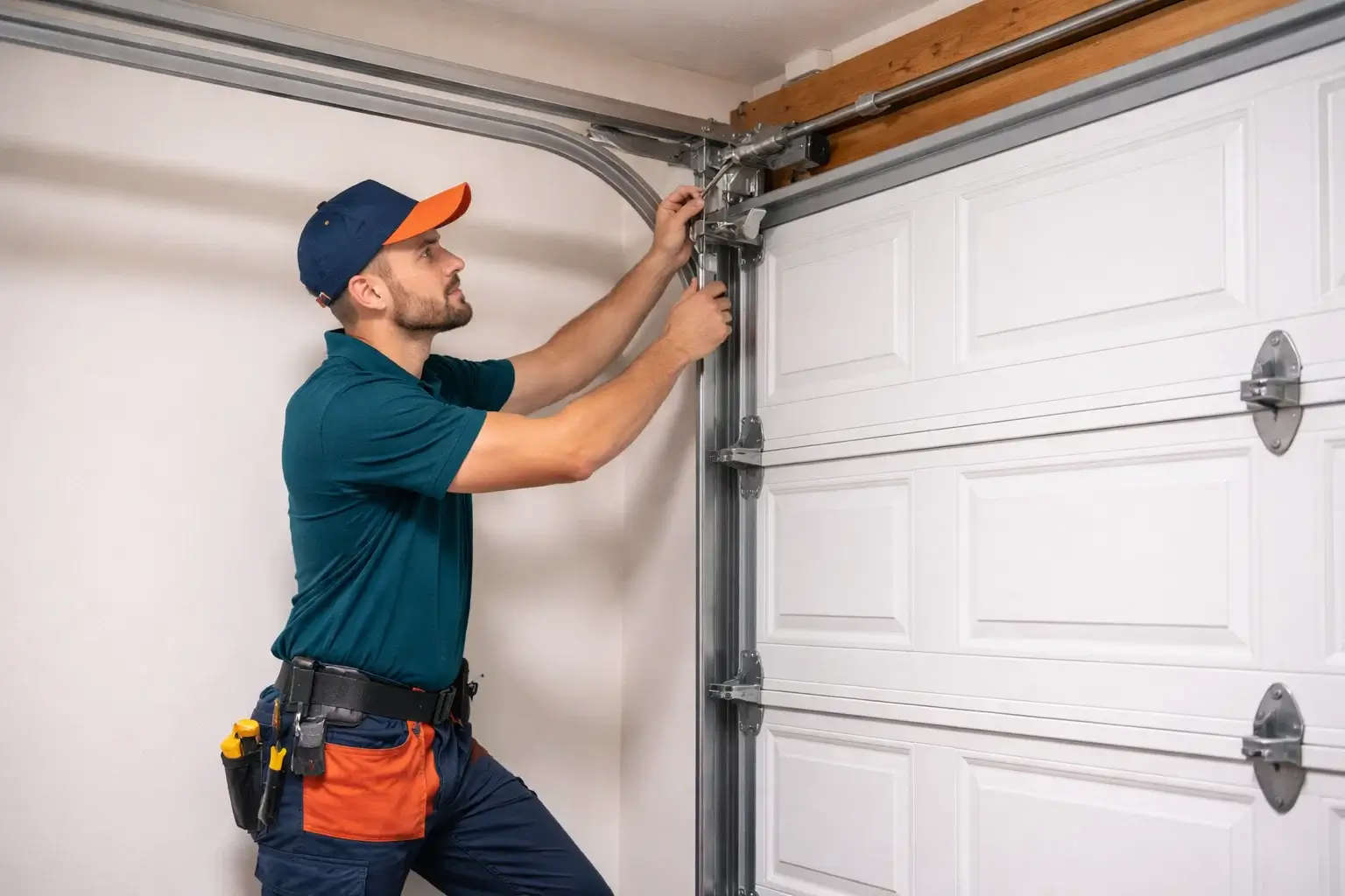 Garage door technician aligning metal garage door track system and inspecting rollers in residential garage in Prosper TX