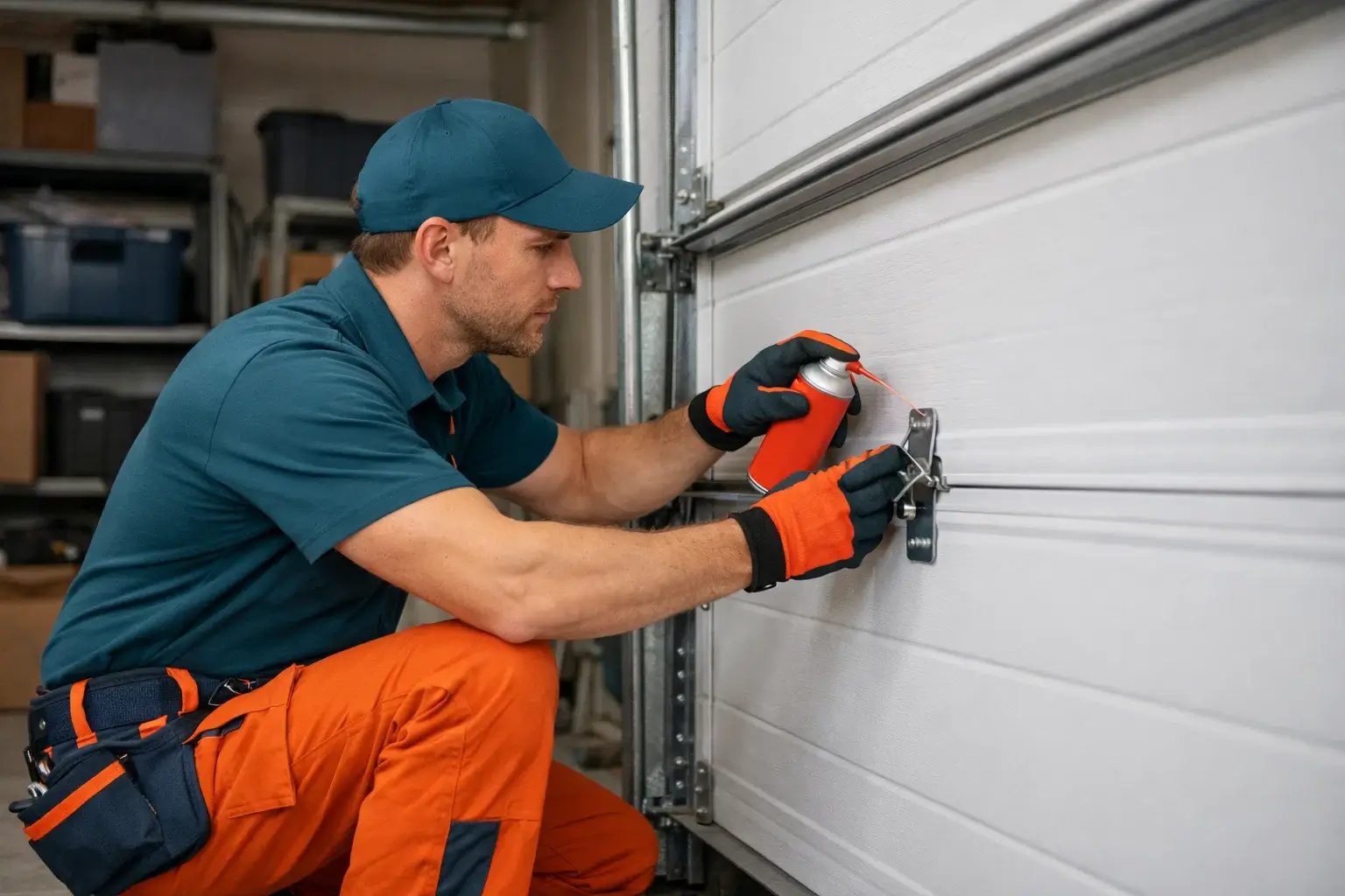 Garage door technician lubricating metal track and inspecting rollers during garage door track maintenance in residential garage in Prosper TX