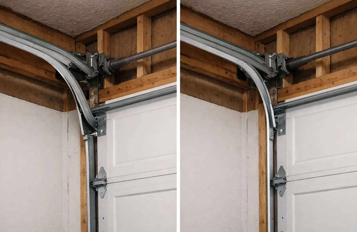 Garage door track repair before and after showing bent misaligned track replaced with straight aligned steel track on residential garage door