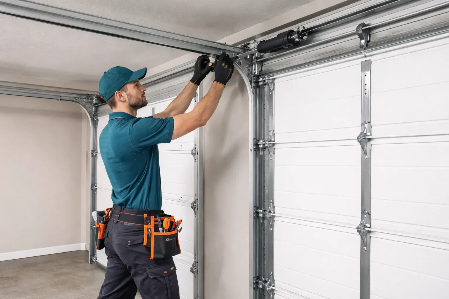 Garage door technician installing heavy duty vertical and overhead garage door track system in residential garage in Prosper TX